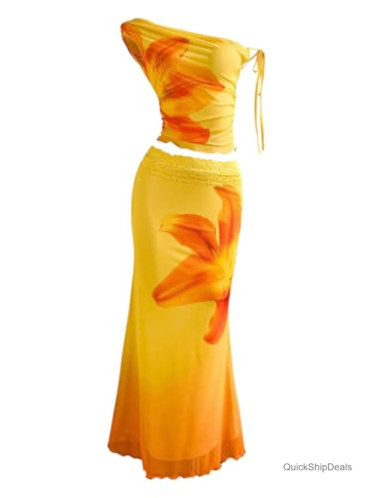 Floral Mesh One Shoulder Crop Top And Bodycon Maxi Skirt Set